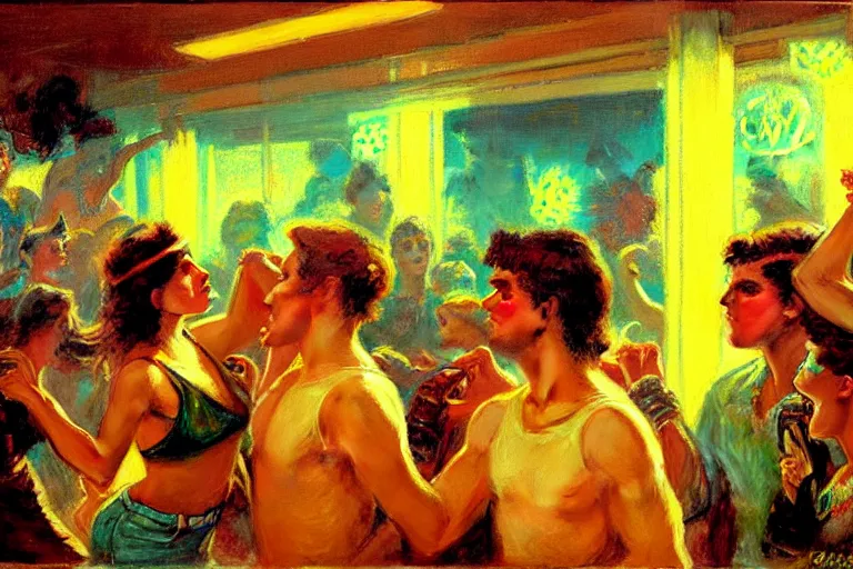 Image similar to 8 0's spring break party, neon light, painting by gaston bussiere, craig mullins, j. c. leyendecker