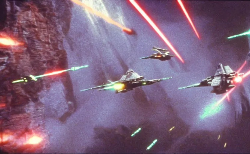 Image similar to iconic cinematic screen shot of scene x wing dogfighting tie fighters over waterfall canyon planet, from the action packed scene from the 1 9 7 0 s star wars sci fi film by stanley kubrick, glowing lasers, kodak film stock, anamorphic lenses 2 4 mm, lens flare, iconic cinematography, award winning