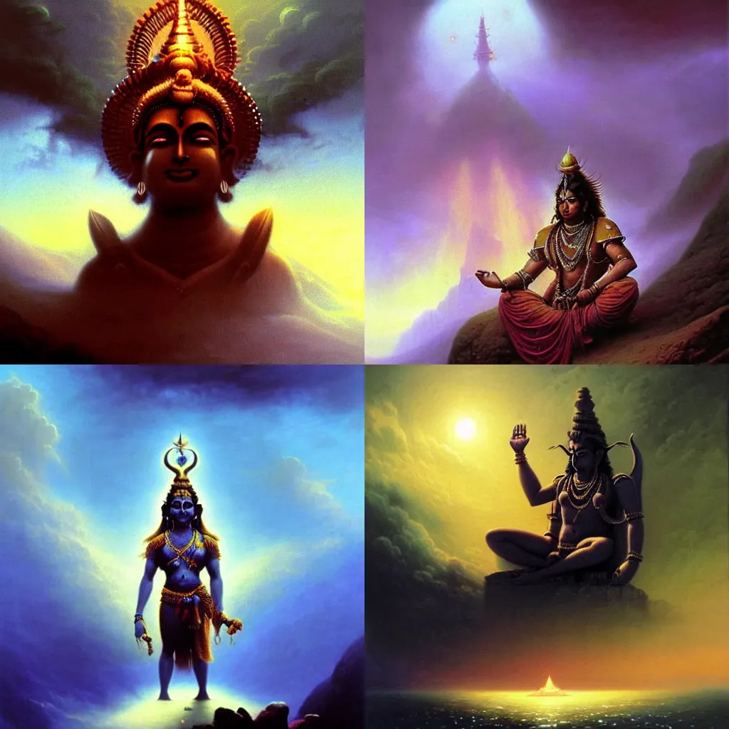 Prompt: An epic majestic hindu god Shiva from Amar Chitra Katha, by Wayne Barlowe, by Ivan Aivazovsky, by Bruce Pennington, by Paul Lehr, masterpiece, oil on canvas, trending on artstation, top on pixiv, cinematic composition, dramatic scene, beautiful aesthetic lighting, artgem, horror, fantasy, concept art, sharp, high details, hyper-detailed, astrophotography, no frames, 8K