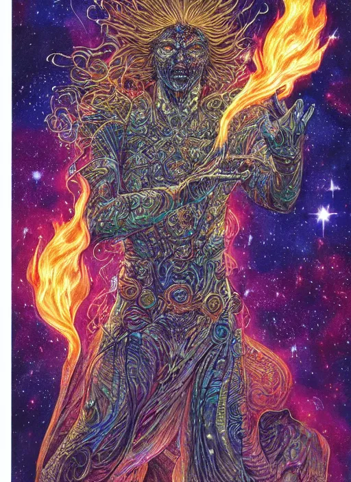 Image similar to high intricate colored ink drawing of the sandman holding a glimmering fire - galaxy, full shot, neil gaiman, maria panfilova, andrea savchenko, mike kime, ludovic plouffe, qi sheng luo, oliver cook, julian calle, eddie mendoza, trending on artstation