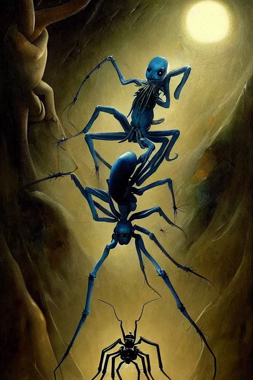 Prompt: hieronymus bosch, greg rutkowski, anna podedworna, painting of a blue skinned elf being turned into a spider demon