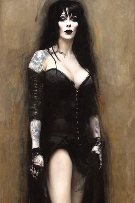 Image similar to Richard Schmid and Jeremy Lipking and Antonio Rotta full length portrait painting of a young beautiful goth punk rock vampire priestess Elvira Mistress of the Dark woman