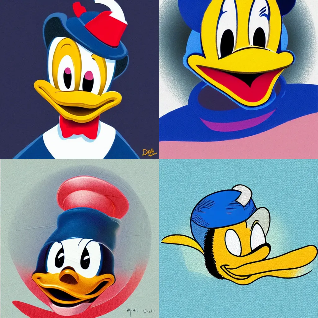 Prompt: “a portrait shot of Donald Duck, winking to camera, illustration”