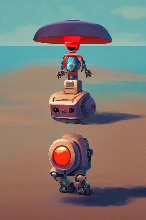 Image similar to Cute little robot lost in the beach art style by Simon Stålenhag, , trending on artstation, artstationHD, artstationHQ, 4k, 8k