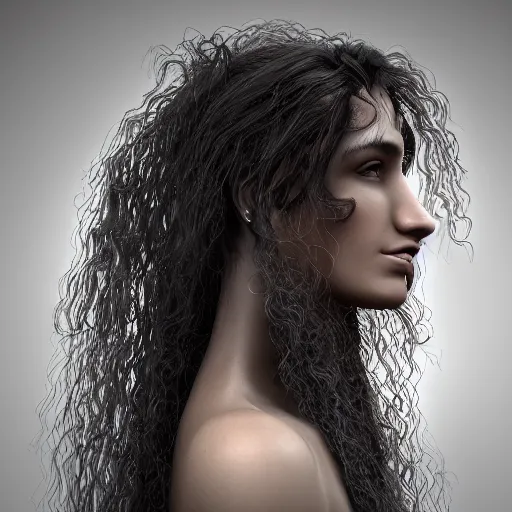 Image similar to a profile of gypsy girl with long curly hair and big goat horns, octane render, 4 k, 8 k, behance hd