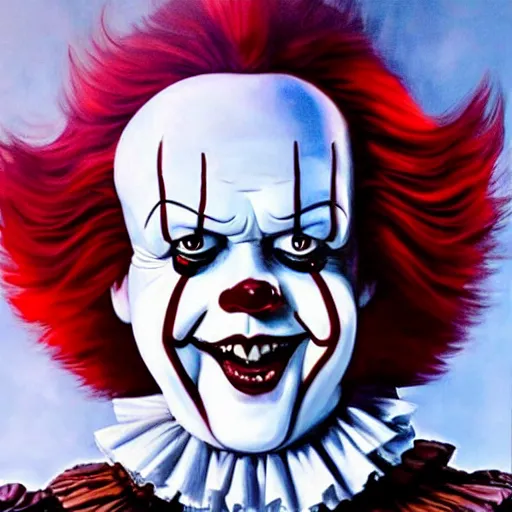 Image similar to an ultra - realistic portrait painting of pennywise in the style of alex ross. 4 k. ultra - realistic. highly detailed. epic lighting.