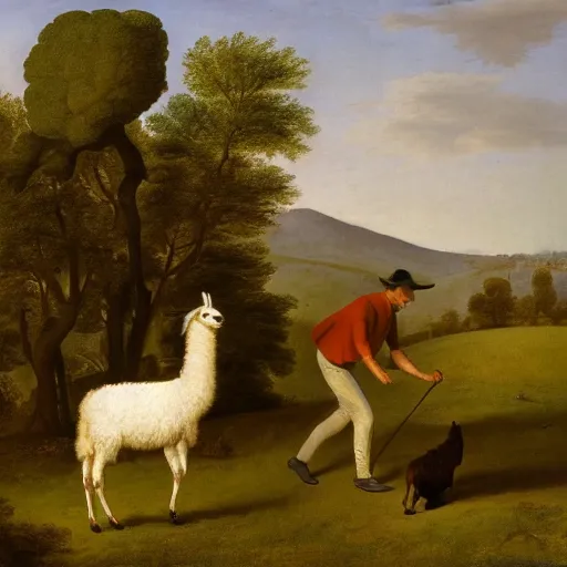 Prompt: George Stubbs oil painting of a man and a llama in a meadow.