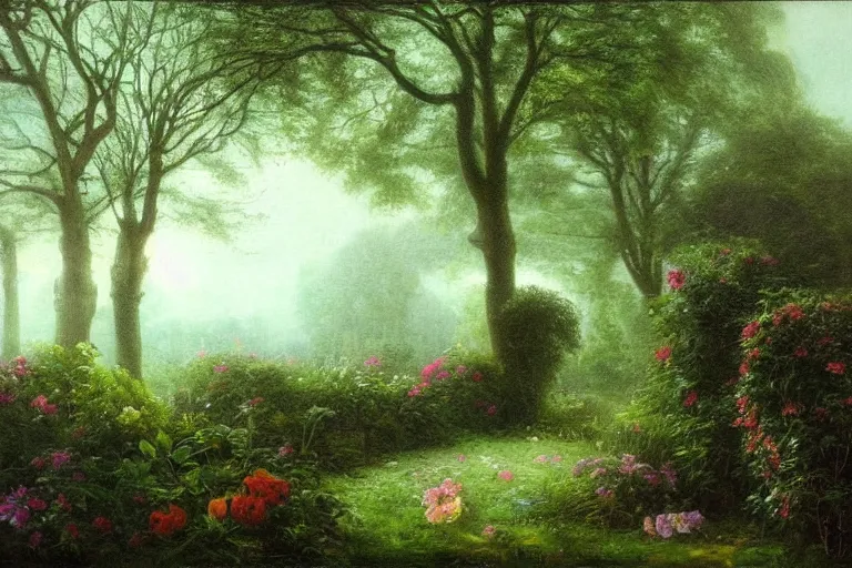 Image similar to secret garden, lush, floral, botanical, romanticism, dark, moody, hudson river school