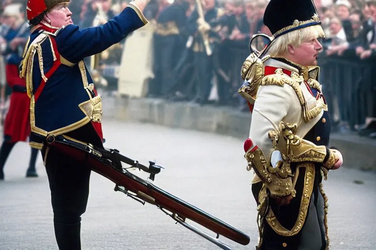 Image similar to closeup portrait of boris johnson dressed as a queen's guard firing a musket in a london street, natural light, sharp, detailed face, magazine, press, photo, steve mccurry, david lazar, canon, nikon, focus