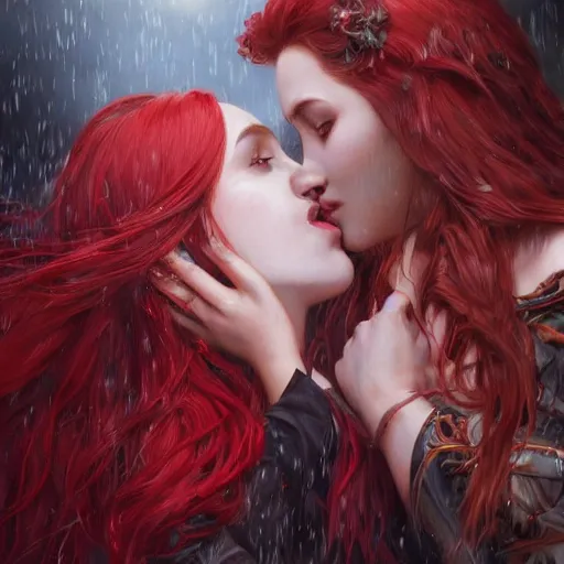 Prompt: a highly detailed portrait of polyamorous red haired vampire queens kissing in the rain wearing a blood red dress, epic fantasy, viewed in profile from far away, ultrawide lens, art by artgerm and greg rutkowski and alphonse mucha, volumetric lighting, 4 k resolution, trending on artstation, masterpiece