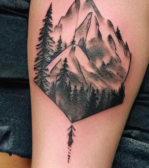 Prompt: creative double exposure effect tattoo design sketch of margot and beautiful mountains and nature, mountain scenery, realism tattoo, in the style of matteo pasqualin, amazing detail, sharp