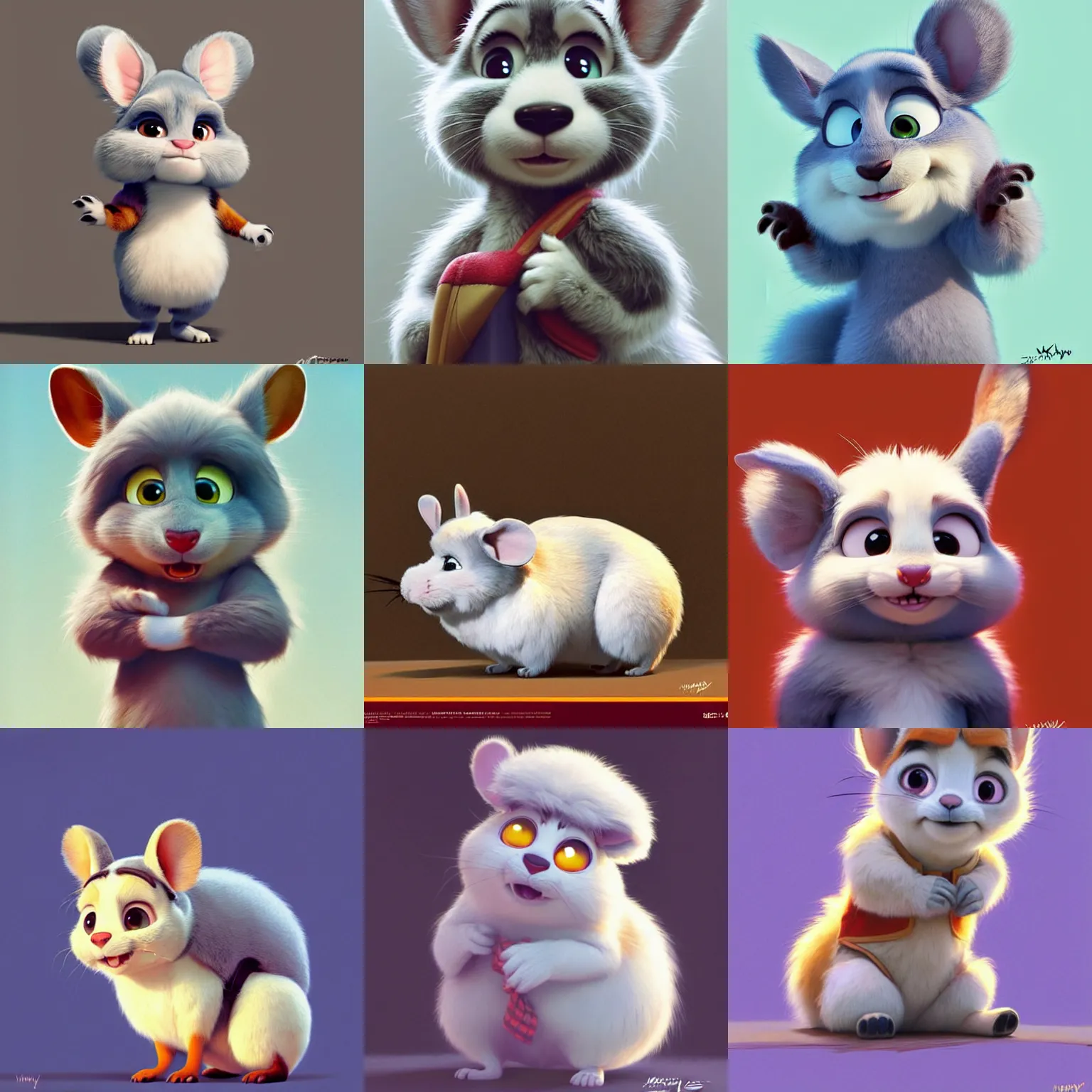 Prompt: promotional art, very very very cute disney pixar chinchilla fluffy very furry character wearing cute clothes, white background, iconic film character, detailed fur, concept artwork, 3 d render official art, promotional art, by artgerm, ilya kuvshinov katsuhiro villeneuve, jeremy lipkin and michael garmash and rob rey, disney pixar zootopia