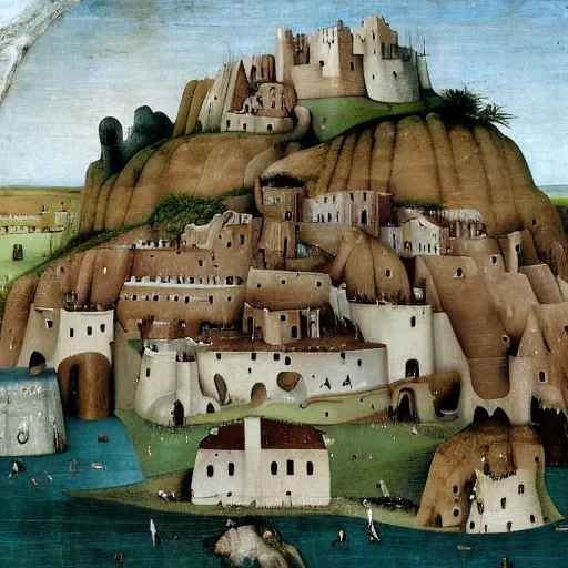 Prompt: pueblo indian cliffside houses by hieronymus bosch