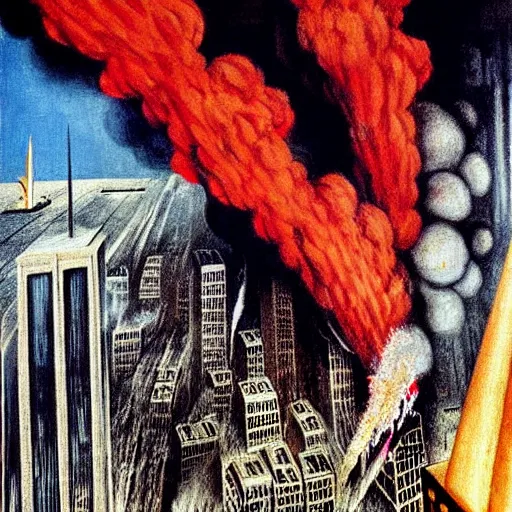 Prompt: 9 / 1 1 attack by otto dix, hyperrealistic, aesthetic, masterpiece