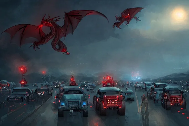 Prompt: a convoy of programmers are marching to chinese palace, big red dragon flying above them, dark atmosphere, light above palace, digital art, trending on artstation