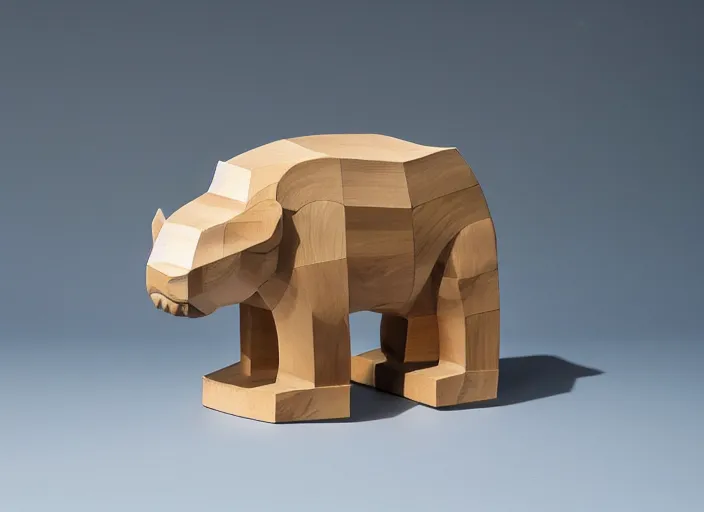 Image similar to a minimalist curvy shaped sculpture of hippopotamus!, ( ( wood ) ) and ( ( blue epoxy ) ) on top mix, cubic blocks stripes cuts, side view profile centered, studio, design, object, reddit