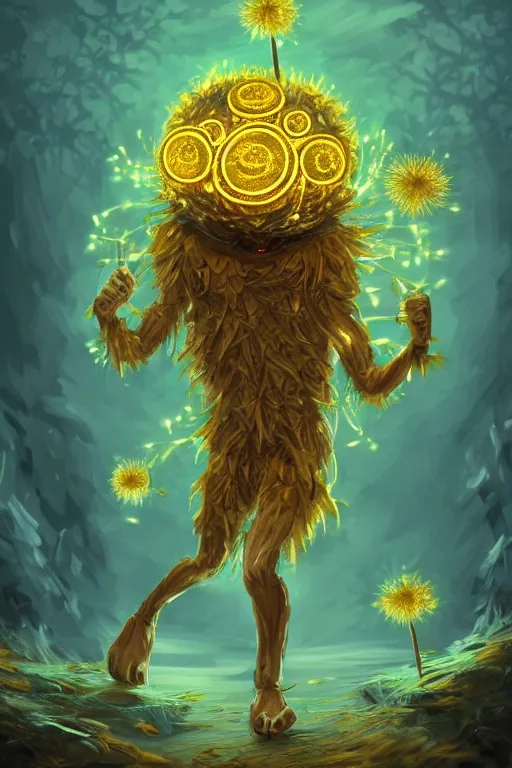 Image similar to a glowing humanoid figure dandelion monster with large glowing eyes, surrounded by golden coins, highly detailed, digital art, sharp focus, trending on art station, anime art style