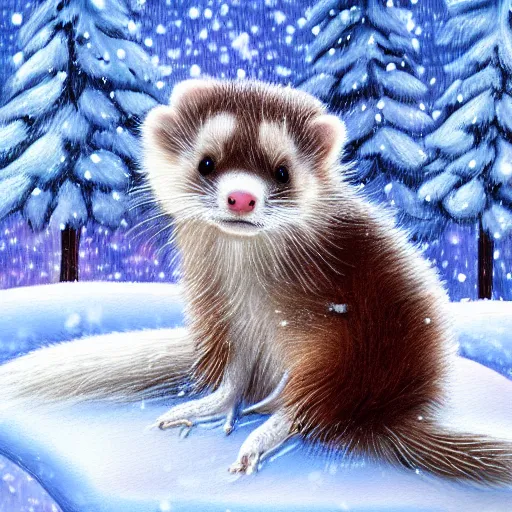 Prompt: cute fluffy ferret sitting in snowy winter landscape detailed painting 4 k