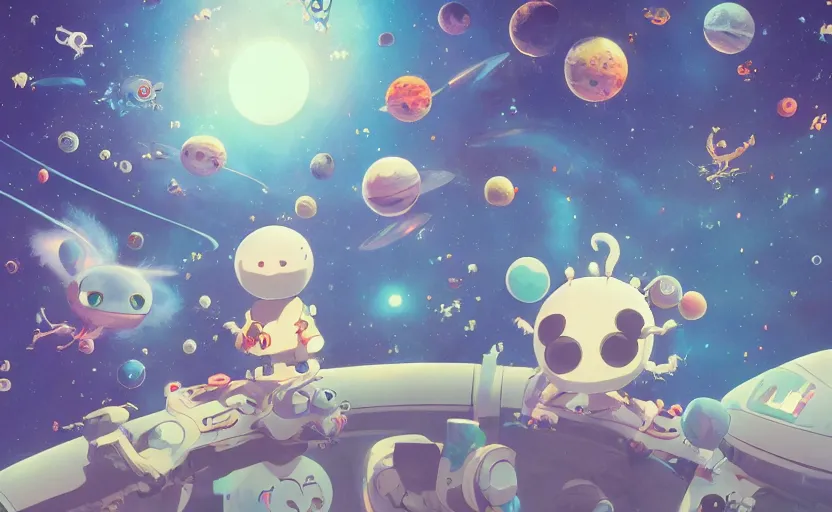 Image similar to cute mascot space demons, cartoon Digital painting, detailed, beautiful brush stroke rendering, by Beeple, by Hayao Miyazaki, by Takashi Murakami, by Masahiro Ito, 4k wallpaper