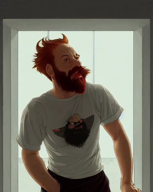 Image similar to low angle of attractive red - headed bearded man wearing a white t - shirt looking out the window expectantly, a smile on his lips, highly detailed, digital painting, artstation, concept art, smooth, sharp focus, illustration, art by artgerm, greg rutkowski, alphonse mucha, j. c. leyendecker