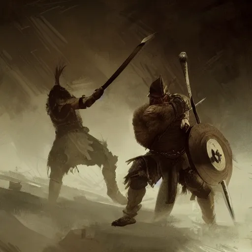 Image similar to viking fighting against a giant in the style of craig mullins, ruan jia, kentaro miura, greg rutkowski, loundraw
