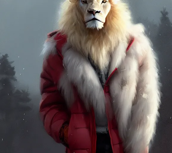 Image similar to commission portrait of a male anthro albino lion wearing a red-black puffer jacket.dramatic,character design by charles bowater,greg rutkowski,ross tran,hyperdetailed,hyperrealistic,4k,deviantart,artstation,professional photography,concept art