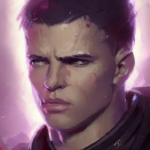 Image similar to concept art of a portrait by greg rutkowski, a soldier of the eternal empire wearing purple and white tactical gear, star wars expanded universe, smooth, sharp focus, artstation hq.