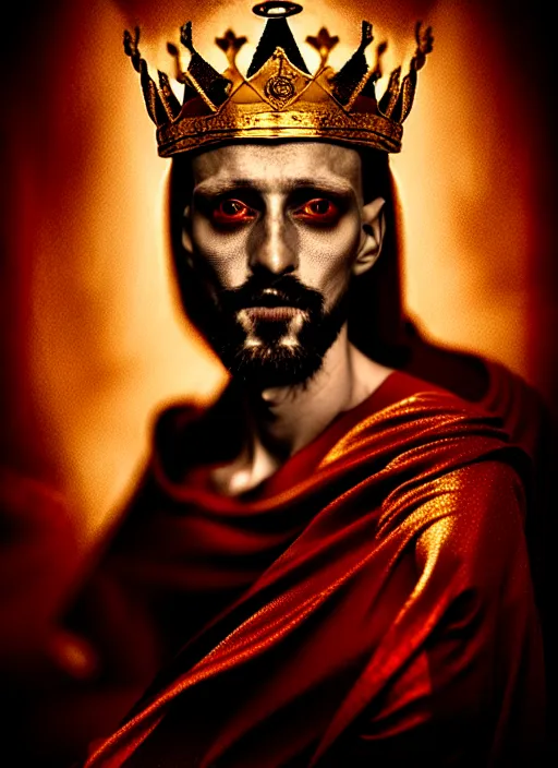 Image similar to 'Portrait of Crowned King Arthur' by Lee Jeffries royally decorated, whirling plasma, atmospheric motes, red and gold Sumptuous garb, gilt silk fabric, radiant colors, fantasy, perfect lighting, studio lit, micro details,