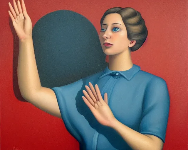 Image similar to a painting of a person waving vigorously, an ultrafine detailed painting by rafal olbinski, behance contest winner, pop surrealism, detailed painting, very detailed, minimalist, skeuomorphic, airbrush art