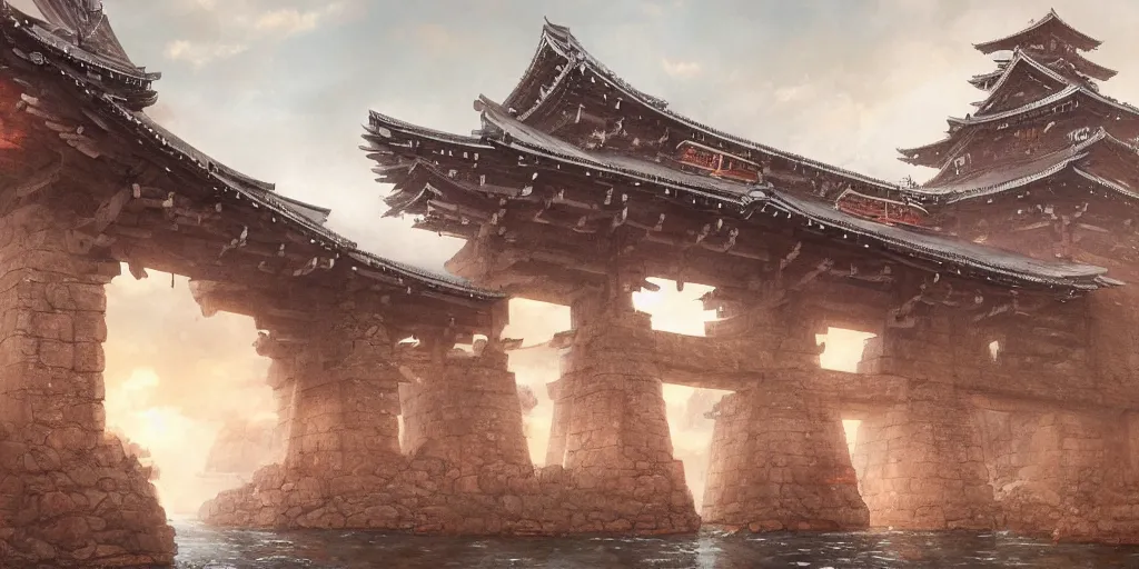 Image similar to japan middle age, giant fortress with cannons guarded by samurais, is built on a strong old wooden bridge, giant goddess with swords, morning, matte painting, concept art, james gurney, greg rutkowski, unreal engine, artstation, john howe