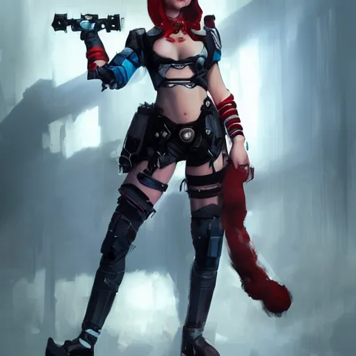 Image similar to portrait of Harley Quinn in bikini armor, dc comics, cyberpunk, Warhammer 40000, dark fantasy, digital art from artstation by Ruan Jia and Mandy Jurgens and Artgerm and william-adolphe bouguereau
