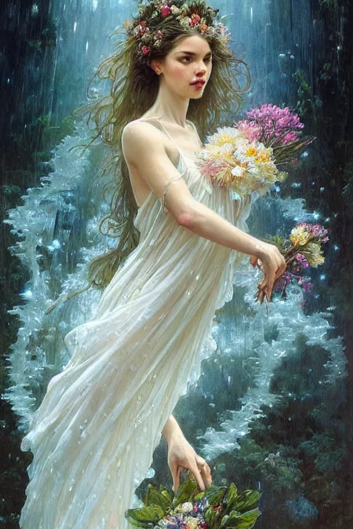 Image similar to portrait of a beautiful woman wearing a white dress, holding a bouquet of flowing flowers, drenched body, wet dripping hair, emerging from the water, fantasy, regal, fractal crystal, fractal gems, by stanley artgerm lau, greg rutkowski, alphonse mucha, loish, norman rockwell