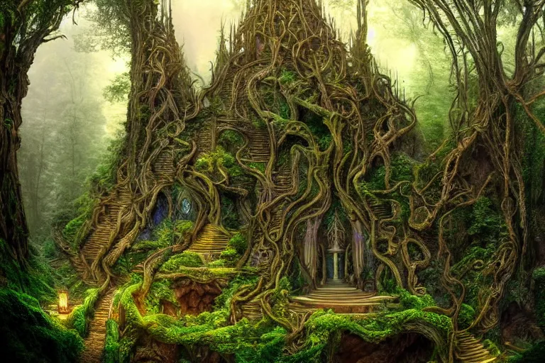 Image similar to a beautiful and highly detailed digital painting of a sacred elven tree temple in a valley in a lush forest in the misty mountains, psychedelic, celtic, intricate details, epic scale, insanely complex, 8 k, sharp focus, photorealism, artstation, cgsociety, by caspar friedrich, albert bierstadt, james gurney, brian froud,