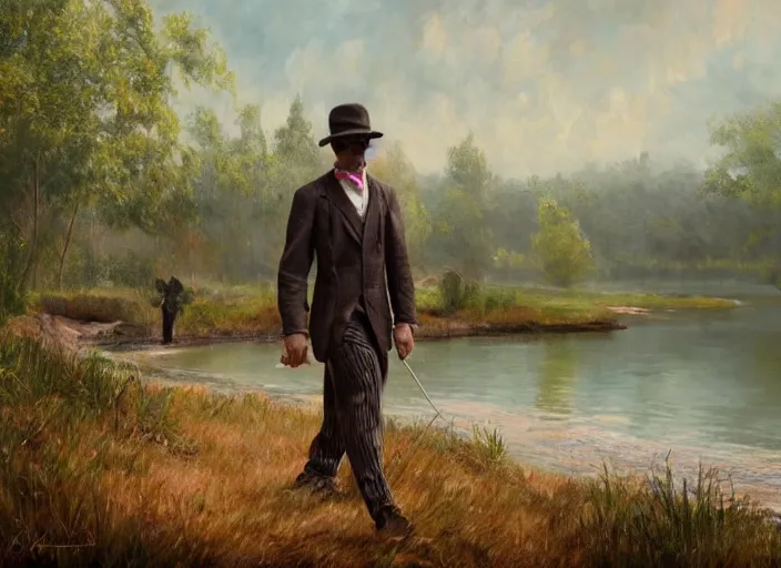 Image similar to landscape, a realistic portrait and realism, a human with catfish walking in 1 8 9 9 s clothes, fine art, sharp focus, ten flats, digital art, bright colors, trending on artstation, unreal engine.