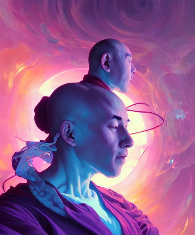 Image similar to a floating monk, meditating, wearing netrunner clothing, vaporwave aesthetic, colorful, psychedelic, digital painting, artstation, concept art, smooth, sharp focus, illustration, art by artgerm and greg rutkowski and alphonse mucha