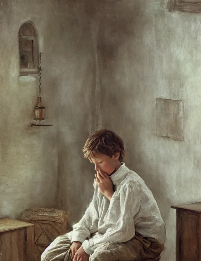 Image similar to peasant boy praying in country house, cottage core, cinematic focus, polaroid photo bleached vintage pastel colors high - key lighting, soft lights, foggy, by steve hanks, by lisa yuskavage, by serov valentin, by tarkovsky, detailed, oil on canvas