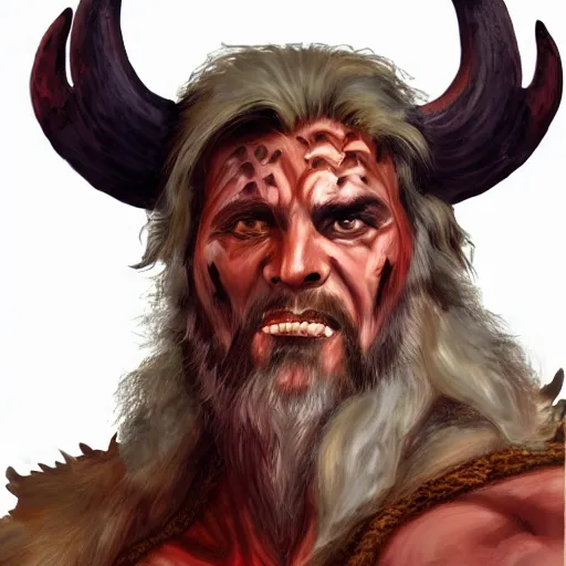 Image similar to Character portrait, face close up: Human Male Barbarian/Druid. Wolf, demon axe, hell. In the style of Ralph Horsley