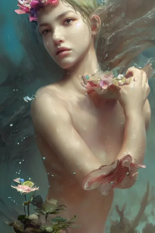 Prompt: face closeup a young beautiful girl nymph drowned in water, underwater photography,, 3 d render, hyper realistic detailed portrait, holding magic flowers, ruan jia, wlop. scifi, fantasy, hyper detailed, octane render, concept art, by peter mohrbacher, by wlop, by ruan jia