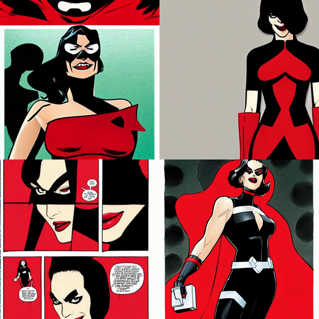 Prompt: in the style of Rafael Albuquerque, Pale skin Domino marvel comics, asymmetrical black spot over left eye, wearing a red dress, smile