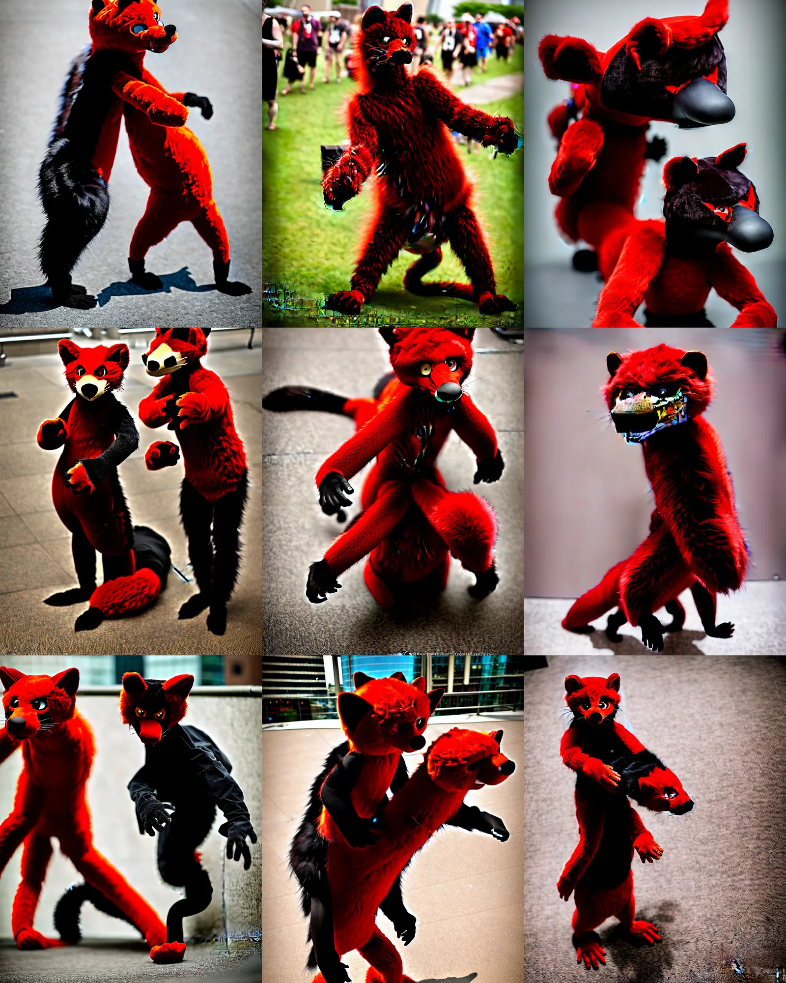 Image similar to fullbody photoshoot photo portrait of a roguish male red - black furred weasel furry fursuiter ( tail attached ), taken at anthrocon ( furry convention )