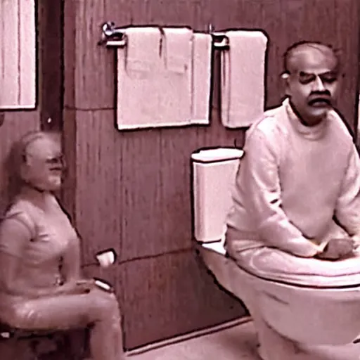 Image similar to a cctv footage of an indian scammer operating sitting in the toilet, high definition faces, grainy, dirty