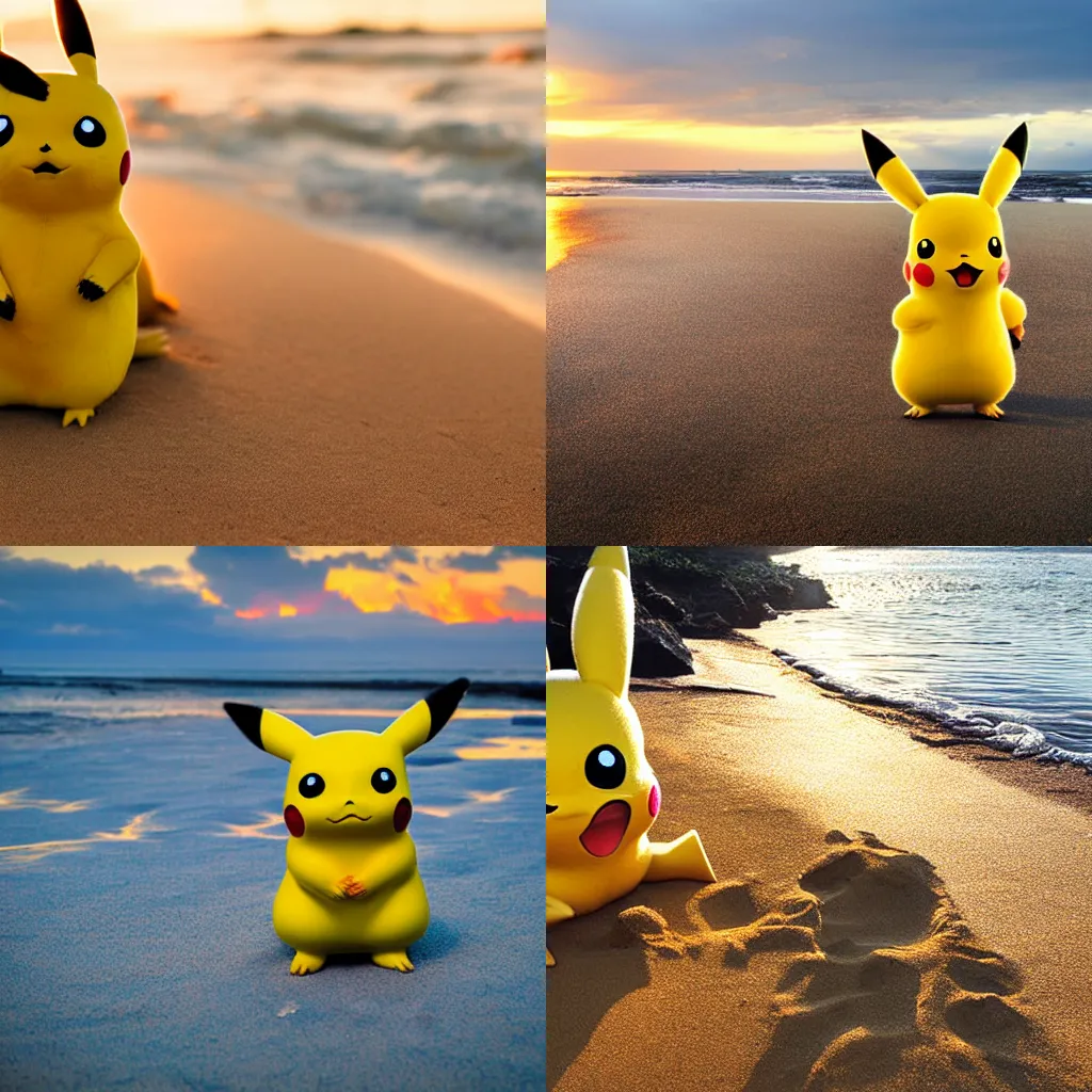 Prompt: pikachu relaxing at the beach during golden hour, 8k award-winning photograph