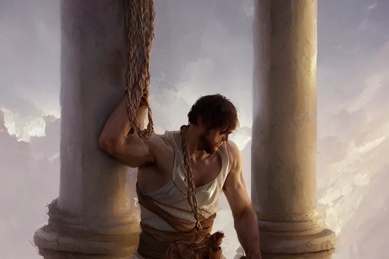 Prompt: a man tied to a pillar by jack russel terrier, highly detailed, hyperrealistic digital painting, artstation, concept art, smooth, sharp focus, illustration, cinematic lighting, art by artgerm and greg rutkowski and alphonse mucha