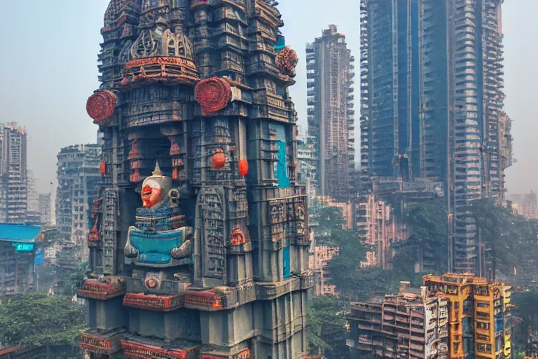 Image similar to high quality 3 d cyberpunk biomorphic hanuman head building in the middle of mumbai!!, kalighat highly detailed, cinematic smooth, stephen shore & john j. park, soft morning light, wide shot, high angle, uhd 8 k, deep focus