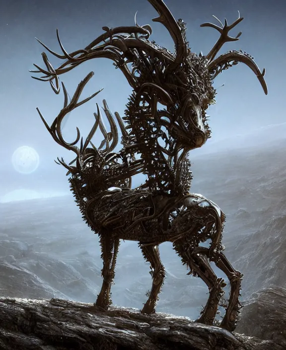 Image similar to a cybernetic reindeer standing on a hilltop, by hr giger and beksinski and stephan martiniere, 4 k resolution, detailed, 3 d render, unreal engine, octane render, trending on artstation