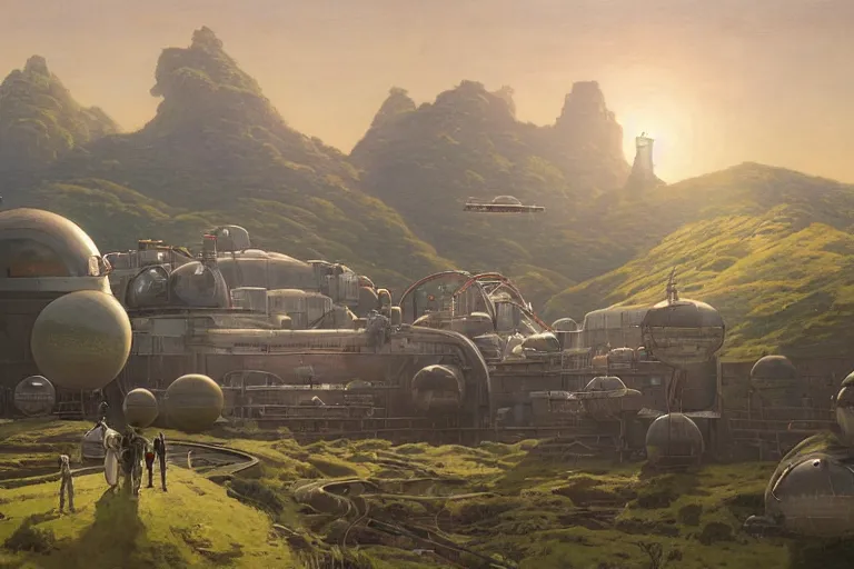 Prompt: a beautiful science fiction factory with a spherical design by starwars and army on a hill in the french countryside during spring season, highly detailed painting by studio ghibli hd and louis remy mignot, leyendecker, craig mullins, nice afternoon lighting, smooth tiny details, soft and clear shadows, low contrast, perfect