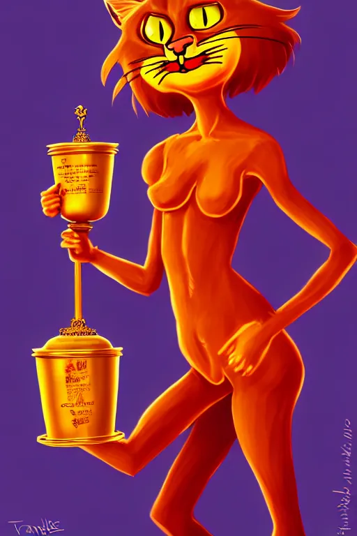 Prompt: fullbody!! personification of garfield the cat garfield goddess holding a blood chalice, stunning, cat face, professional character concept art by tatyana kupriyanova