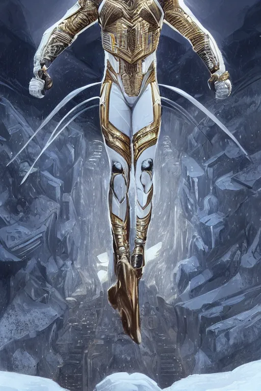 Image similar to ultra realistic illustration, wakandan warrior in white and gold suit standing in a heroic pose in the snowy mountain, hacknaut cyberpunk, sci - fi, fantasy, intricate, elegant, highly detailed, digital painting, artstation, concept art, smooth, sharp focus, illustration, art by artgerm and greg rutkowski and alphonse mucha