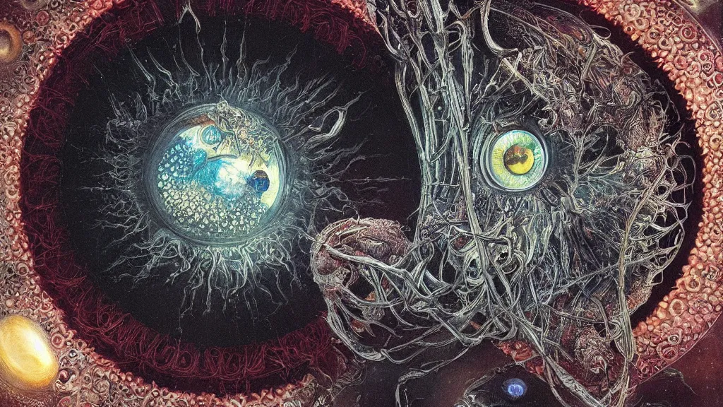 Prompt: a beautiful dreamy painting of a coronavirus inside a glowing television screen, evil eye, dark, sinister, detailed, high contrast, art by Ernst Haeckel and Greg Rutkowski