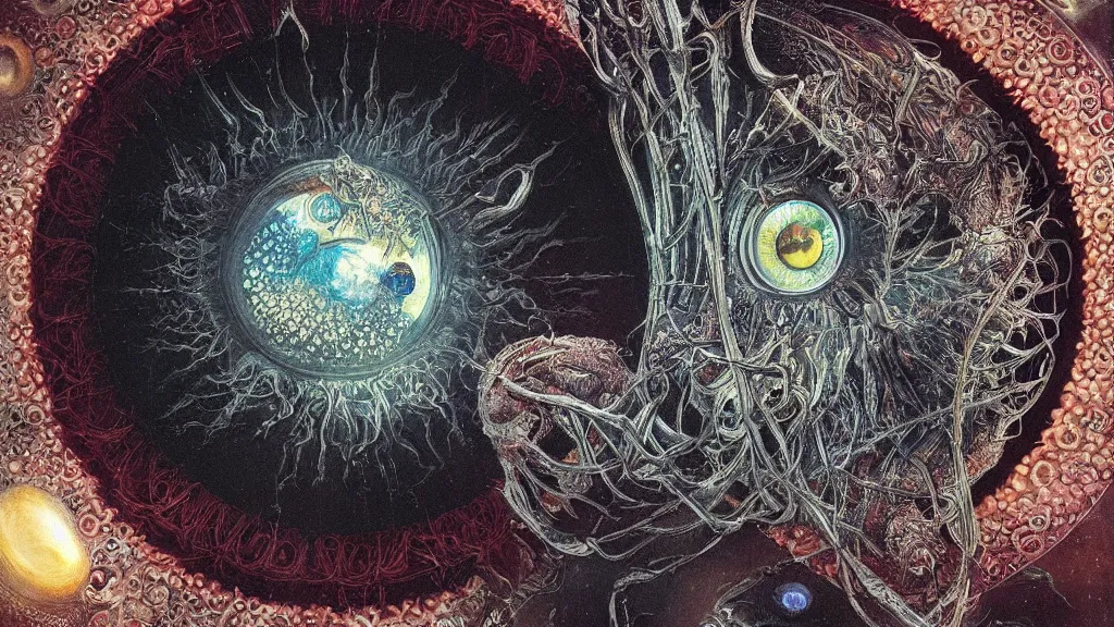 Image similar to a beautiful dreamy painting of a coronavirus inside a glowing television screen, evil eye, dark, sinister, detailed, high contrast, art by Ernst Haeckel and Greg Rutkowski